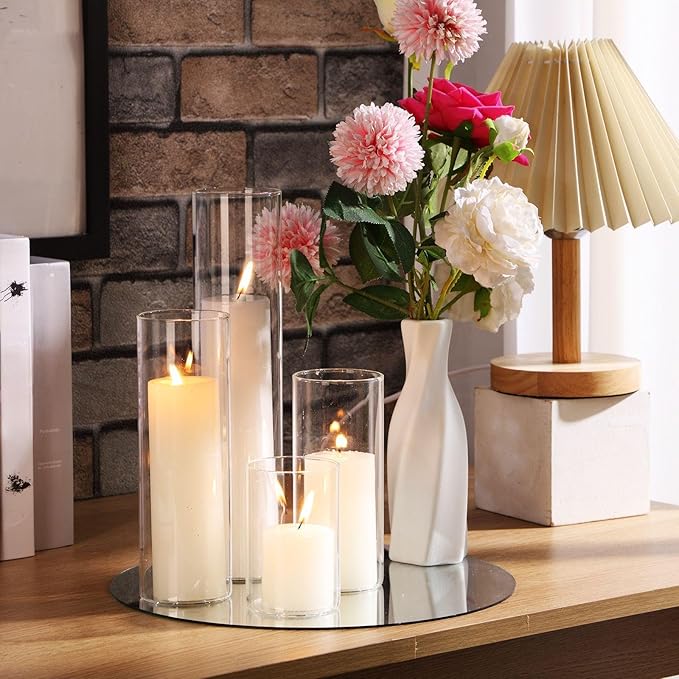 Shihanee Set of 4 White Pillar Candles and Glass Cylinder Vases 4 Sizes Clear Cylinder Candle Holders for Pillar Candles Home Table Centerpieces Decoration (2.6'' X 3.9'',5.9'',7.9'',9.8'')
