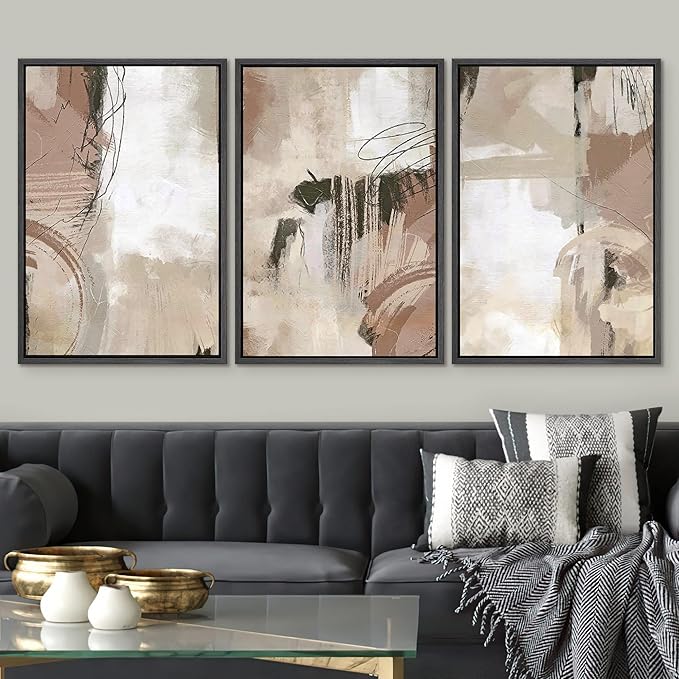 SIGNWIN Framed Canvas Print Wall Art Set Brown Pastel Watercolor Paint Strokes Shapes Abstract Illustrations Modern Art Decorative Nordic Calm/Zen for Living Room, Bedroom, Office - 24"x36"x3 Black