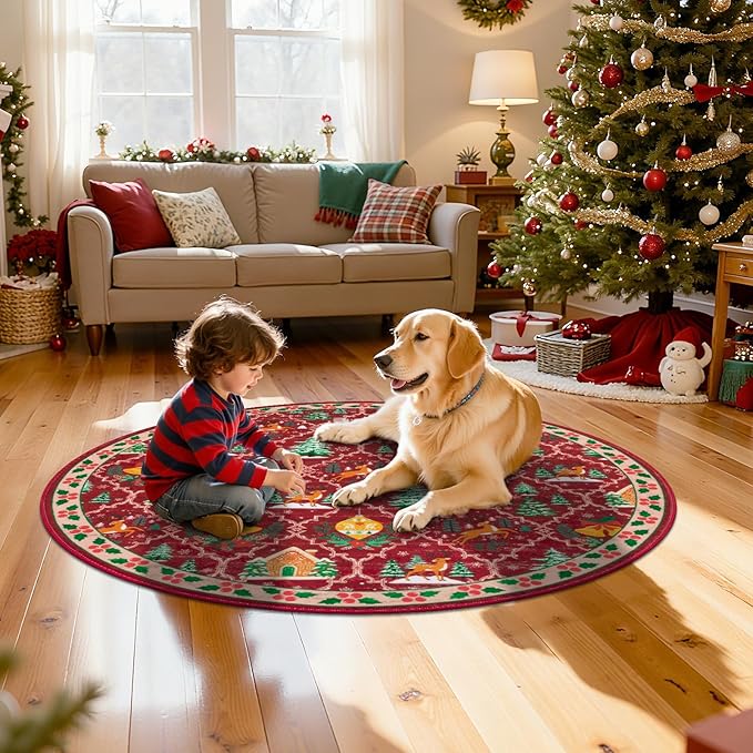HEBE 4Ft Round Christmas Area Rug, Non Slip Farmhouse Round Rug for Living Room, Washable Soft Circle Rugs for Bedroom Christmas Round Floor Carpet for Dining Room Xmas Holiday Decor