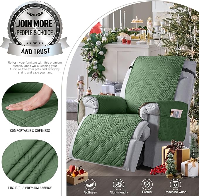TAOCOCO Waterproof Recliner Chair Cover, Non Slip Oversized Recliner Covers for Recliner Chair with Pocket, Reclining Chair Cover Furniture Protector for Kids, Pets(Oversized Recliner, Vine Green)
