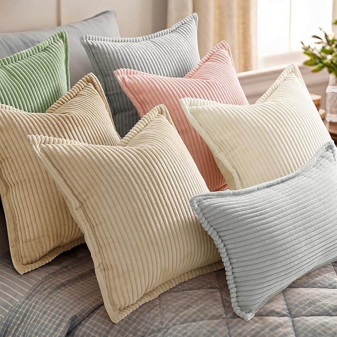 decorUhome Corduroy Beige Throw Pillow Covers 24x24 Set of 2 Decorative Soft Boho Farmhouse Euro Couch Pillow Covers for Living Room Bed Sofa Broadside Striped Pillow Cases