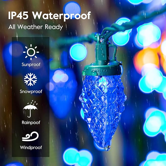 Brightown C9 LED Christmas Lights Outdoor, 33ft 50 LED Waterproof Strawberry String Lights, Extendable Green Wire Lights String for Outdoor Indoor Patio Party Decoration, Blue and White