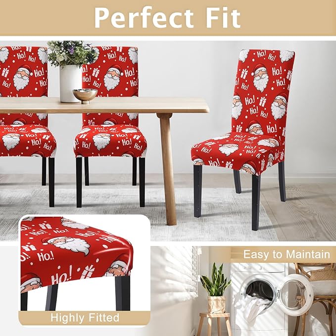 SearchI Christmas Chair Covers Set of 6, Stretch Xmas Kitchen Chair Cover Removable Washable Holiday Parsons Chair Slipcovers for Dining Room, Christmas Decoration, Ceremony(Santa Claus)