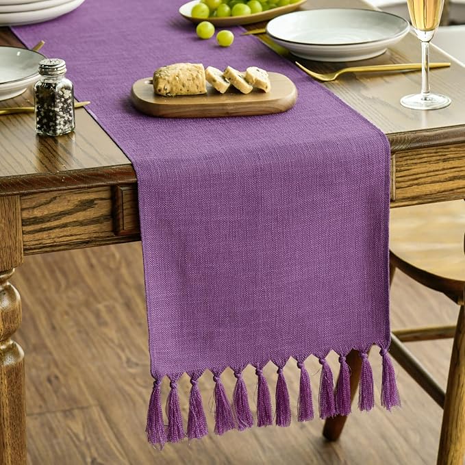 Artoid Mode Lilac Purple Tassel Table Runner, Mardi Gras Linen Blend Rustic Farmhouse Style Kitchen Table Decoration Holiday Wedding Party Dinning Decor 13x48 Inch
