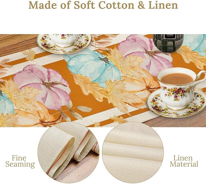 Watercolor Pumpkin Table Runner Rustic Farmhouse Autumn Plants Colorful Leaves Pastoral Harvest Theme Home Decor for Farmhouse Indoor Outdoor Party Holiday Dining Kitchen Restaurant Cafe W13xL72in