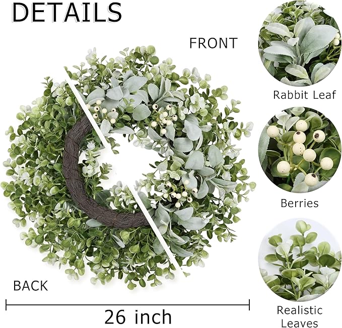26 Inch Large Lambs Ear Wreaths for Front Door Spring Summer Lambs Leaves with White Berries, Artificial Greenery for Farmhouse Porch Wall Living Room Home Widding Decor for All Seasons Wreaths