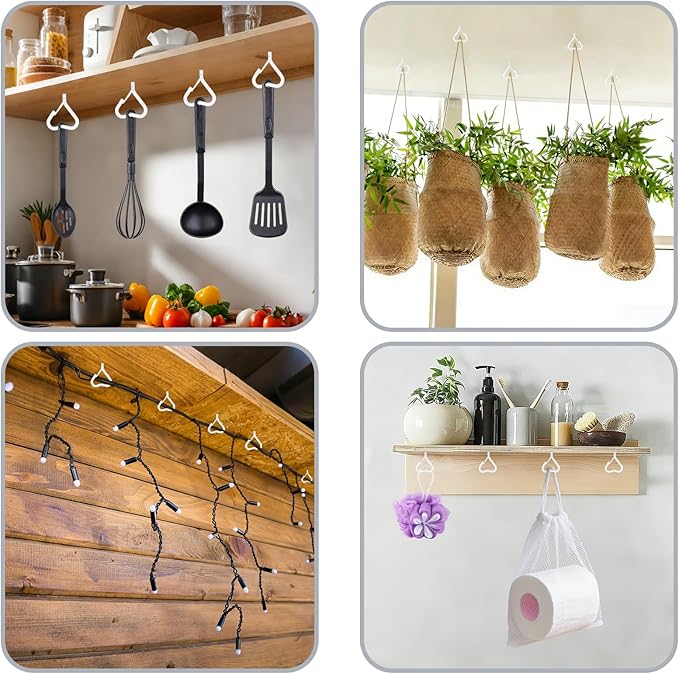 25 Pack Heart Shaped Screw Hooks for Hanging, 2.36 Inch Metal Ceiling Hooks for Outdoor String Lights, Plants, Keys and Decorations, Hanging Hooks for Indoor and Outdoor Use (White)