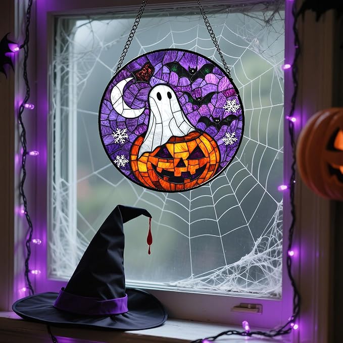 Stained Glass Window Hanging Halloween Horror Pumpkin 15" - Suncatcher Door Garden Sunroom Gothic Style Ghost Bat Sun Catcher Birthday for Friend Mom Men Woman Nana
