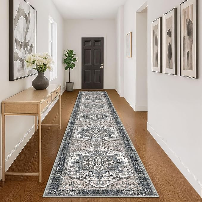 KOZYFLY Runners for Hallways 3x16 Ft Extra Long Washable Faux Wool Thin Hallway Rug Printed Carpet for Entryway Bedroom Staircase Kitchen Laundry Room Floor Decor, Black/Taupe/Beige