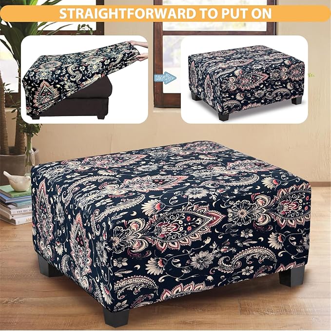 Ottoman Cover Rectangle Printed,Stretch Slipcover for Rectangular Footstool,Soft Fabric with Non-Slip Elastic Bottom,Decorative Furniture Protector for Living Room,Large,Flower G