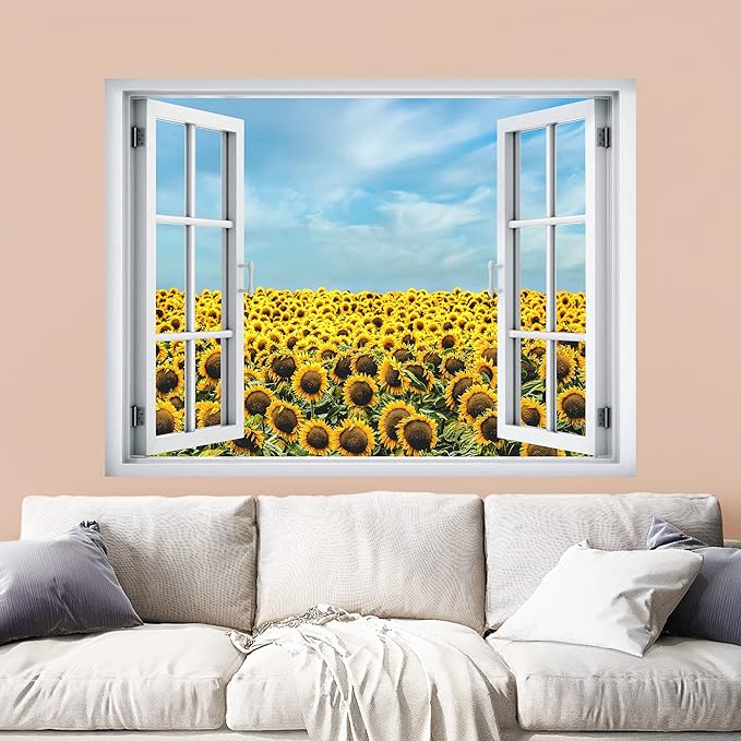 wall26 Removable Wall Sticker/Wall Mural Window View Springtime Summer Country Sunflowers Wilderness Nature Photography Realism Rustic Landscape Colorful for Living Room, Bedroom, Office - 24"x32"