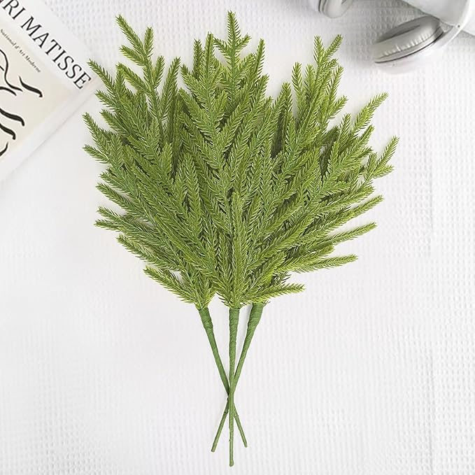 joyhalo 12 Pcs Norfolk Pine Stems, 18" Artificial Christmas Pine Branches Faux Greenery Stem Real Touch Cedar Stems for Vases, Christmas Trees and Outdoor Home Decor
