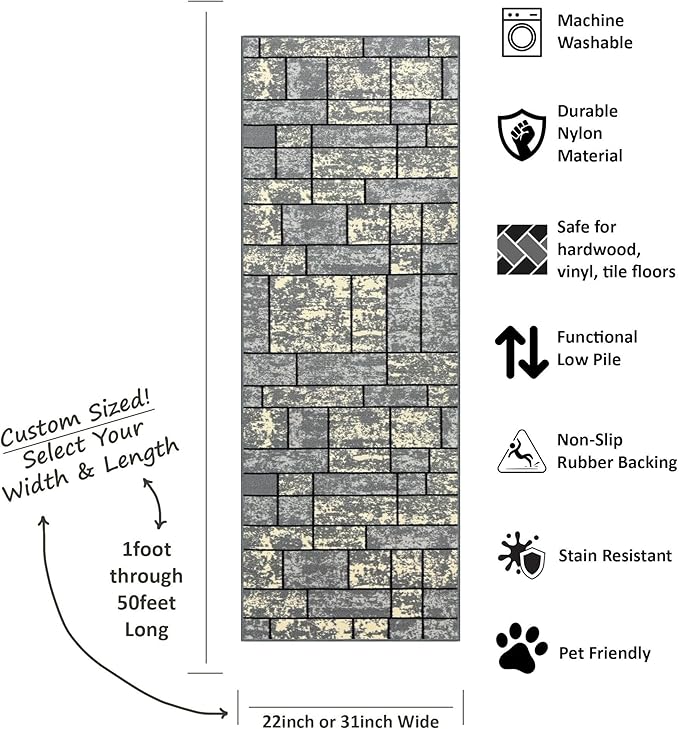 Custom Size Grey Ivory Stone Boxes Rubber Backed Non-Slip Hallway Stair Runner Rug Carpet 22 inch Wide Choose Your Length 22in X 2ft