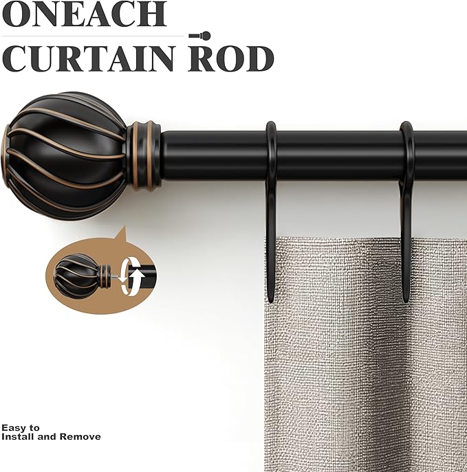 Oneach Black Curtain Rods for Windows 66 to 120 Inch, 7/8" Adjustable Heavy Duty Decorative Drapery Rods with Round Netted Texture Finials (Pack of 1, 36 to 120 Inch)