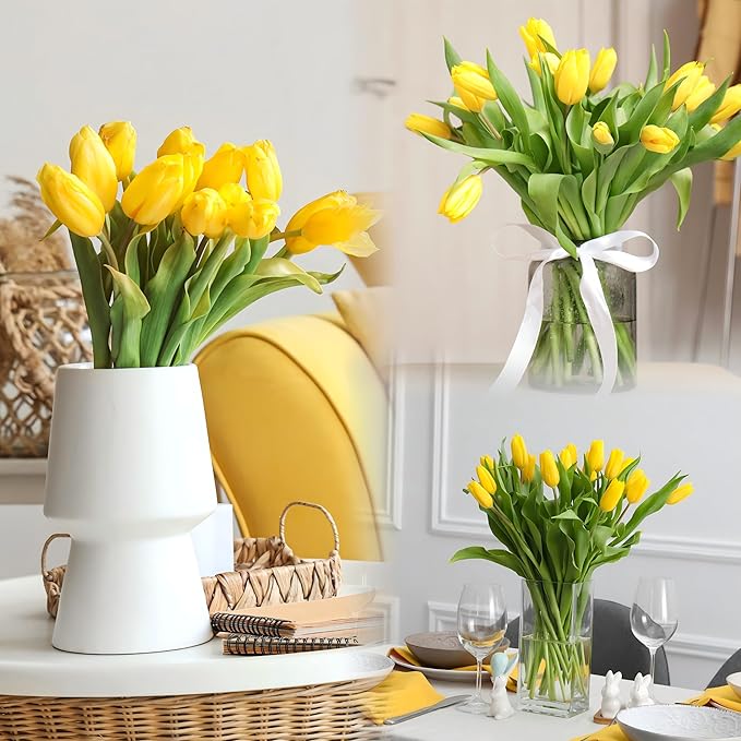 Sggvecsy 30 Pcs Fake Tulips Artificial Flowers Real Touch PU Faux Flowers Tulip Stems for Wedding Spring Bouquet Floral Arrangement Home Party Office Decorations for Mother's Day (Yellow)