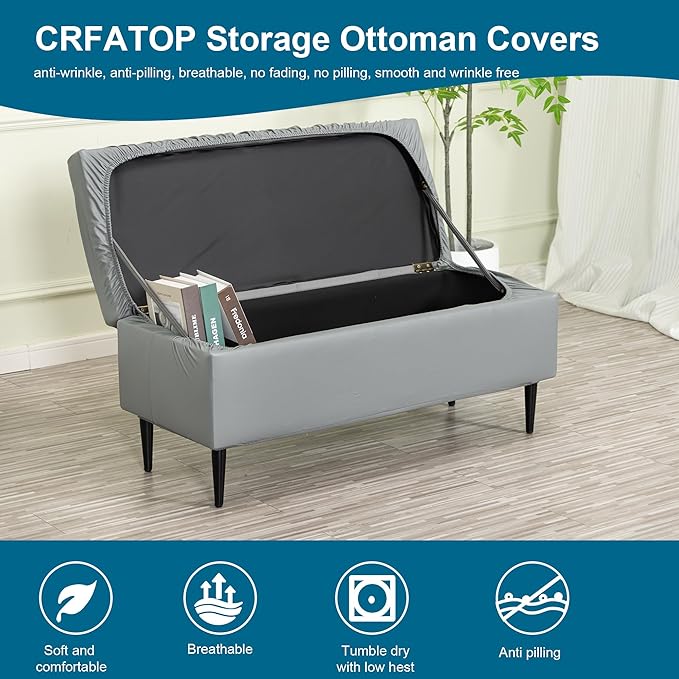 CRFATOP Waterproof PU Ottoman Stool Cover Stretch Folding Storage Footstool Bench Slipcovers Upholstered Foot Chest Chair Covers Washable Entryway Furniture Protector with Elastic Bands,S,Dark Grey
