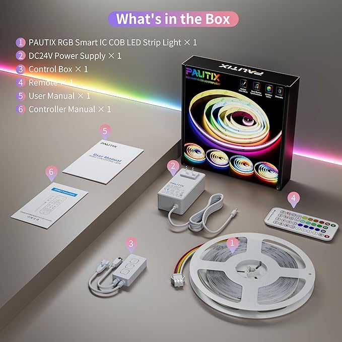 PAUTIX RGB Smart IC COB LED Strip Light Addressable 9.84ft/3m,UL-Listed DC24V Color Chasing Strip Light Multicolor Flexible Tape Lights Kit with Remote,for Cabinets,TV,Bedroom,Party DIY Decoration