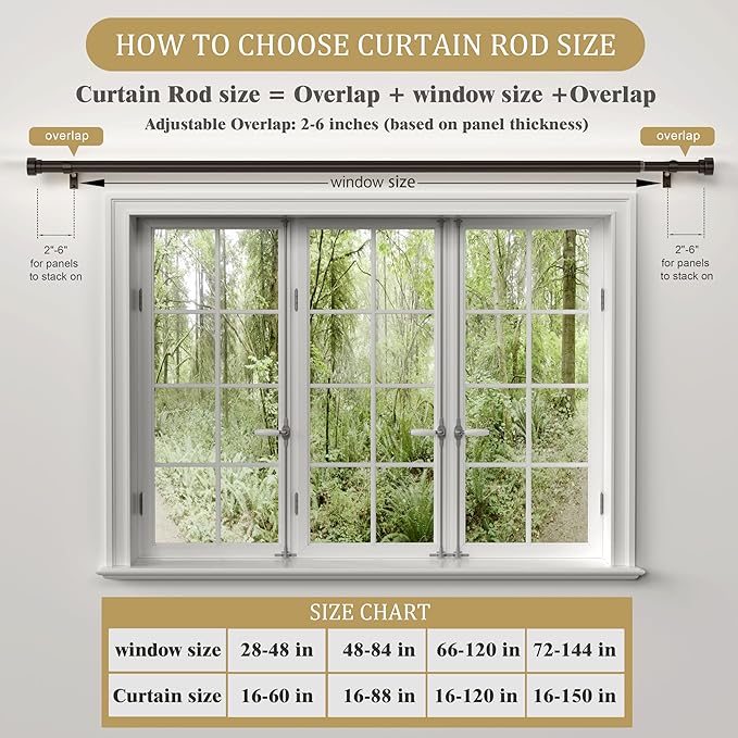 PORTRES Brown Heavy Duty Curtain Rods for Windows 66 to 120 Inches Adjustable Length 1" Diameter Curtain Rod with Modern Decorative Finials for Outdoor Farmhouse Bedroom Kitchen Living Room