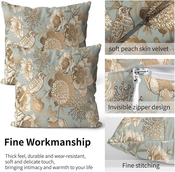 Chinoiserie Pillow Protectors with Zipper Standard Size Vintage Floral Birds Print Pillow Covers Set of 2 Rustic Nature Gold Flowers Pillow Cases Antique Mid Century Modern Bed Pillow Covers 20"X30"