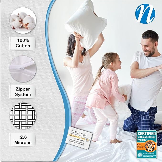 National Allergy Premium 100% Cotton Zippered Pillow Protector - Standard Size - White - 4 Pack - 300 Thread Count - Hypoallergenic Bed Pillowcase with Zipper - Breathable Encasement Cover