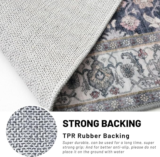 KUTA Vintage 8x10 Area Rugs for Living Room, Washable Large Rug for Bedroom 8ft x 10ft Non-Slip, Grey Black Beige Ultra Thin Soft Printed Traditional Floral Distressed Dining Room Low-Pile Carpet