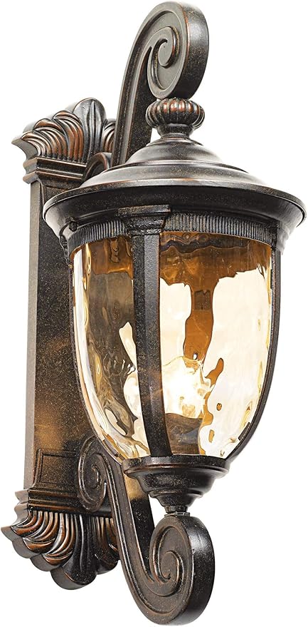 John Timberland Bellagio European Outdoor Wall Light Fixture Bronze Scroll 24" Champagne Hammered Glass Decor for Exterior House Porch Patio Outside Deck Garage Yard Front Door Garden Home