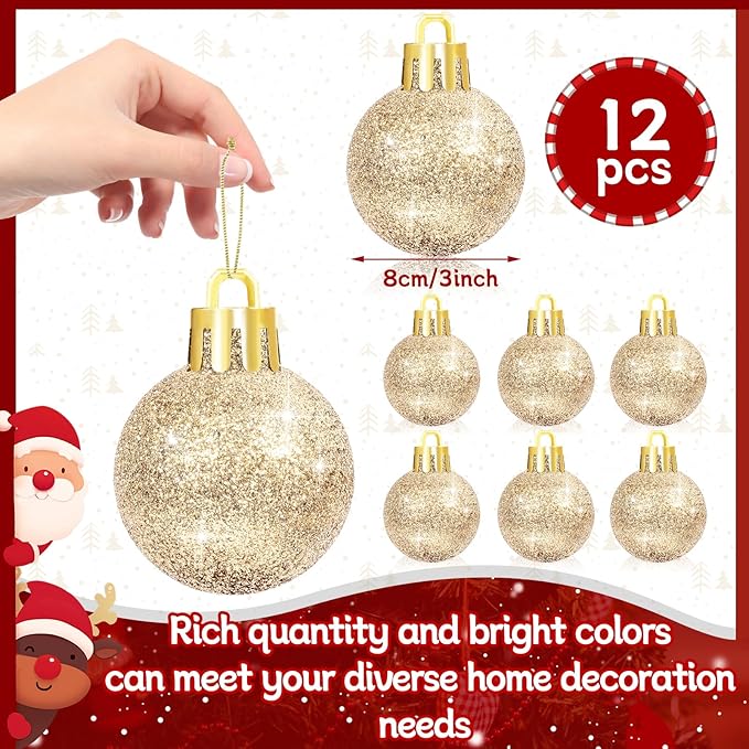 12 Pcs 3Inch Christmas Balls Christmas Tree Decoration Ornaments Shatterproof Glitter Christmas Hanging Balls for Christmas Tree Party Indoor Outdoor Holiday Decoration(Champagne Gold, 3inch-12pcs)