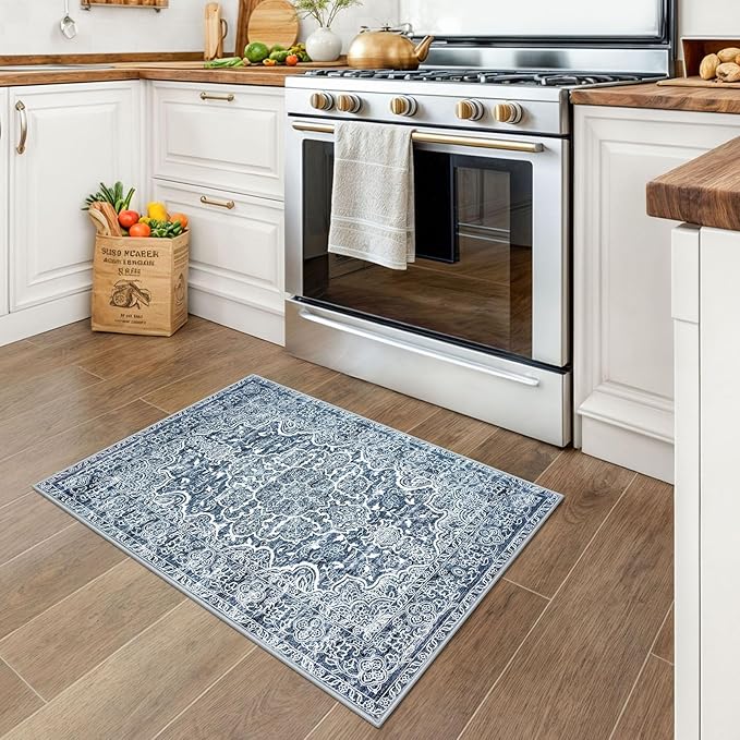 KUT Entryway Rugs Indoor Non-Slip Washable Small Area Rug 2x3 Blue Entrance Carpet Soft Printed Vintage Floral Distressed Tribal Farmhouse Low-Pile Door Mat for Bedroom Kitchen