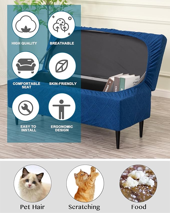 CRFATOP Jacquard Rectangle Ottoman Stool Cover Stretch Folding Storage Footstool Bench Slipcovers Upholstered Foot Chest Chair Covers Washable Entryway Furniture Protector with Elastic Bands,M,Navy