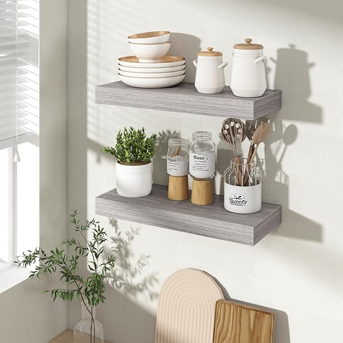 16 Inch Floating Shelves for Wall 2 Pack, 16" Wall Shelves for Books, Storage, Decor, Wall Mounted Floating Shelf with Invisible Brackets for Kitchen, Living Room, Gray
