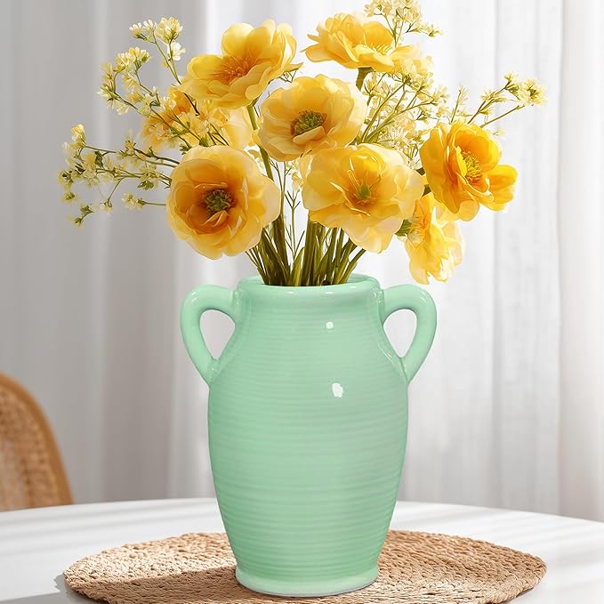 Sunddo Green Ceramic Flower Vase for Home Decor - 8 Inch Modern Decorative Vase with 2 Handles, Centerpieces, Kitchen, Dining Table, Bathroom, Shelf and Living Room