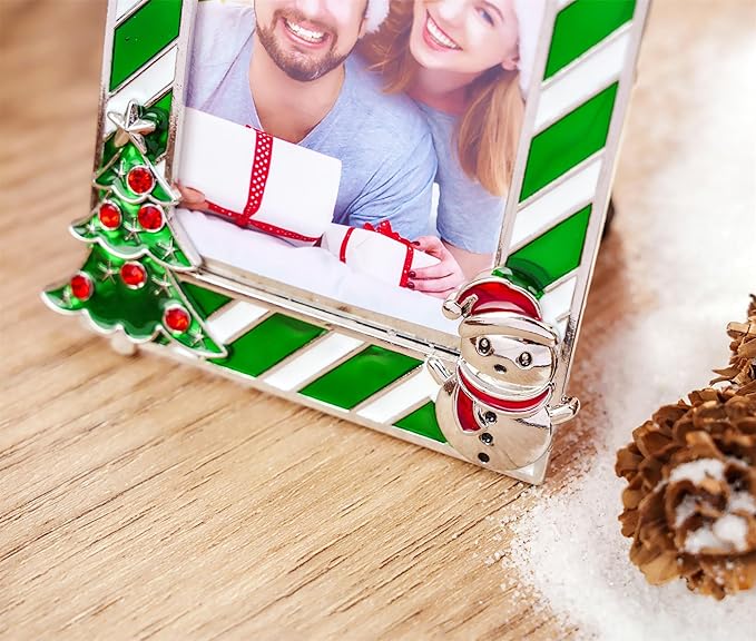 2025 Green Photo Frame Ornament, Metal Christmas Picture Frame Ornament Family Wedding Vacation Photo Xmas Tree Decor, Table or Xmas Tree Two Ways Using (Green)
