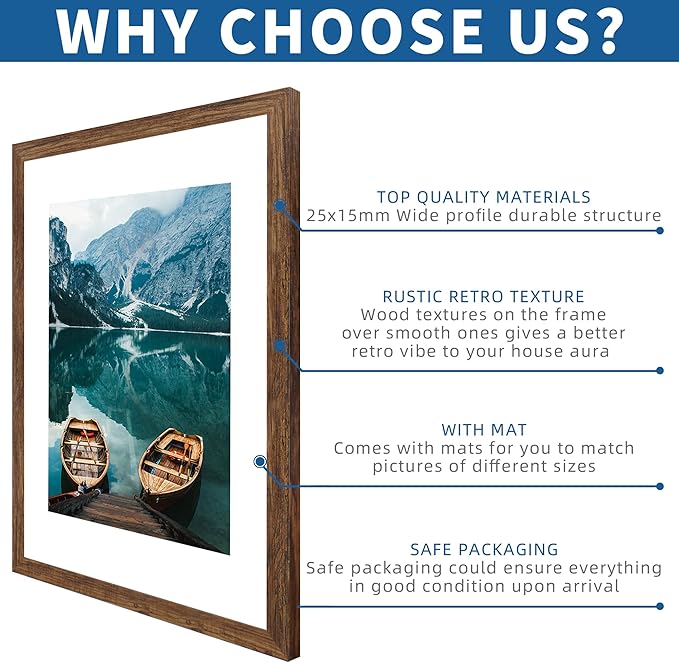 16x24 Frame Set of 2, Rustic Brown Wood Style - Display 16 x 24 Picture without Mat or 12x18 Picture with Mat, Wall Mounting Horizontal and Vertical