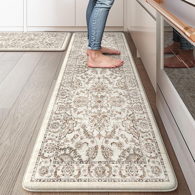 KIMODE Anti Fatigue Kitchen Rugs Sets of 2, Ergonomic Standing Cushioned Kitchen Floor Mats, Boho Kitchen Runner Stain Resistant, Non Slip Laundry Sink Rug Waterproof, 17.3"x59"+17.3"x29", Khaki