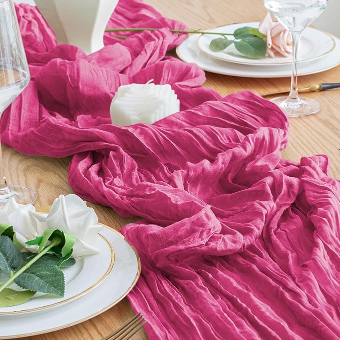 12PCS Table Runner Cheesecloth 10FT Deep Pink Boho Gauze Cheese Cloth Rustic Sheer Table Runners for Wedding Birthday Bridal Baby Shower Party Decoration