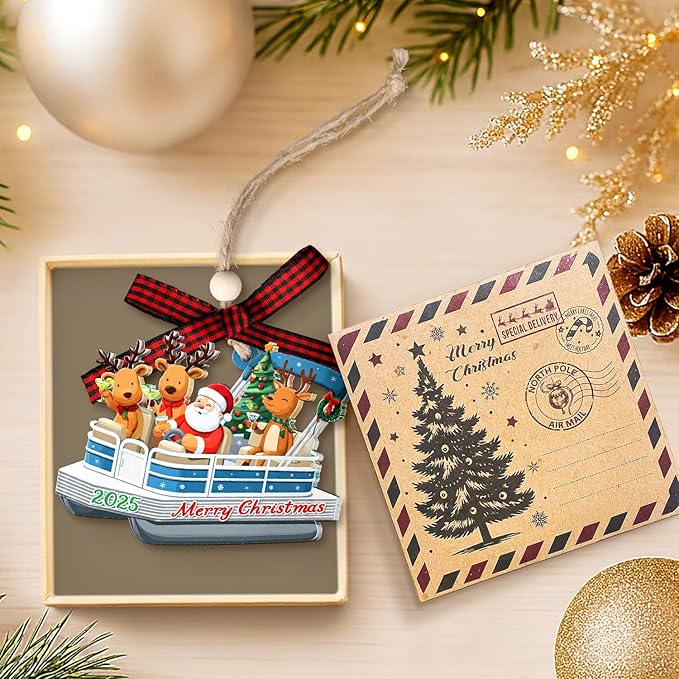 Pontoon Boat Christmas Ornament - Pontoon Ornament - Boating Ornaments for Christmas Tree - Funny Santa Gag Gifts for Boating Lovers, Men Pontoons Gift - Boat Decorations - Acrylic Xmas 2025