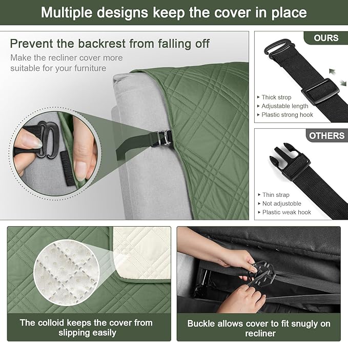 TAOCOCO Waterproof Recliner Chair Cover, Non Slip Oversized Recliner Covers for Recliner Chair with Pocket, Reclining Chair Cover Furniture Protector for Kids, Dogs(28'', Bean Green)