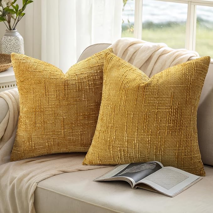 decorUhome Mustard Yellow Chenille Throw Pillow Covers 16x16 Set of 2 Thick Textured Slubby Couch Pillow Covers Farmhouse Accent Modern Neutral Decorative Pillow Cases for Bed Sofa Living Room
