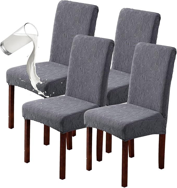 Genina 100% Waterproof Dining Room Chair Covers Set of 4 Stretch Kitchen Chair Covers Parsons Chair Slipcovers for Dining Room Chair Protector Cover, Removable, Washable (Leaf Pattern-Dark Gray, L)