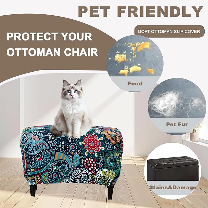 Eco-Ancheng Ottoman Cover Stretch Rectangle Footrest Stool Covers Storage Ottoman Slipcover Ottoman Bench Covers Slip Cover for Foot Stool Footstool Protector with Nonslip Elastic Bottom (02,X-Large)