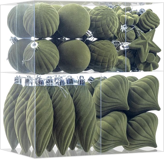 48Pcs Green Velvet Christmas Ornaments Set, Assorted Flocked Christmas Baubles Decorations, Shatterproof Christmas Balls Hanging Decor for Xmas Tree/Home/Party/Holiday (Green)