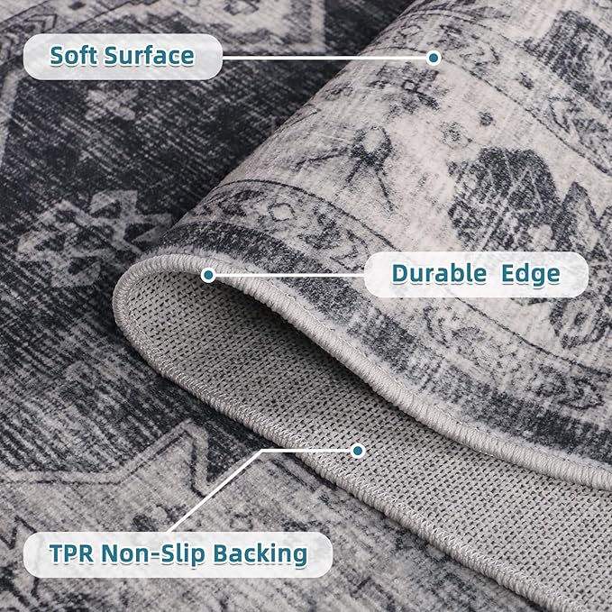 Dripex Hallway Runner Rug 2x10, Washable Rug Kitchen Rug Non Slip with Rubber Backing Soft Thin Vintage Carpet Runner for Entryway Bedroom Bathroom Laundry Room Living Room Decor, Charcoal/Black