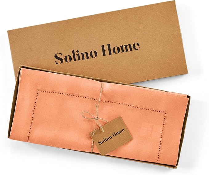 Solino Home Linen Coral Table Runner 72 Inches Long - 100% Pure Linen Hemstitch Table Runner 14 x 72 Inch for Dresser, Dining, Valentines, Spring, Easter - Classic Hemstitch