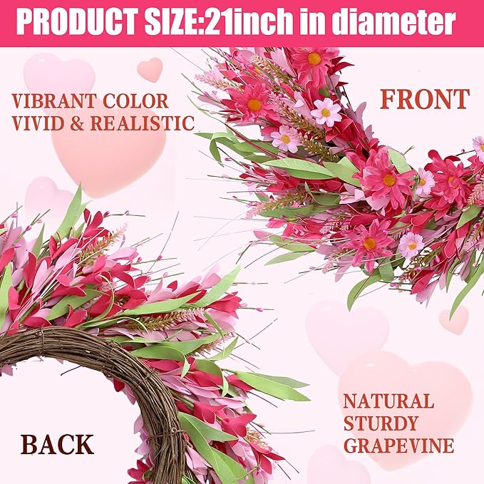 Sggvecsy 21in Valentine's Day Artificial Pink Forsythia Wreath Spring Summer Fake Daisy Wreath Handmade Wreath with Daisies Lavender for Gifts Festival Front Door Window Wall Farmhouse Decor