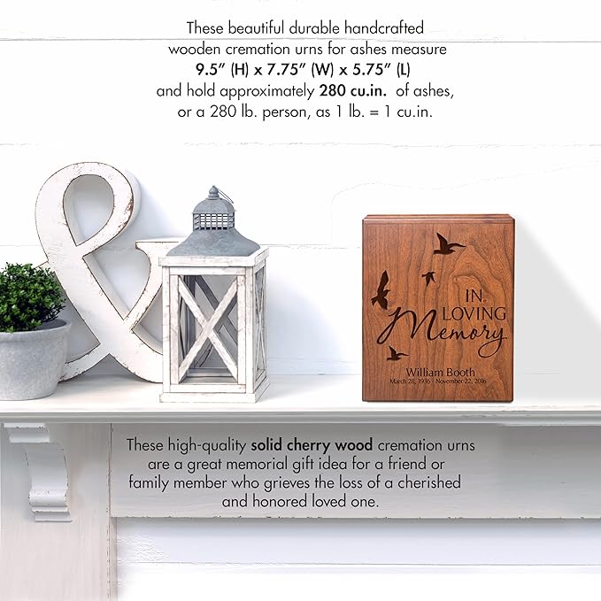 LifeSong Milestones Urns for Ashes - Personalized Cremation Urns for Adults (Cherry Wooden Box - Dove)
