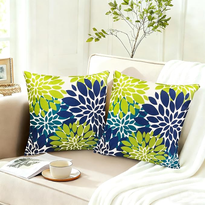 Decorative Throw Pillow Covers Set of 2 Blue Green pillow covers 22x22 Inch Couch Pillow Covers for Sofa Living Room Outdoor throw pillow cover Linen Square Floral Flower Farmhouse Pillowcase