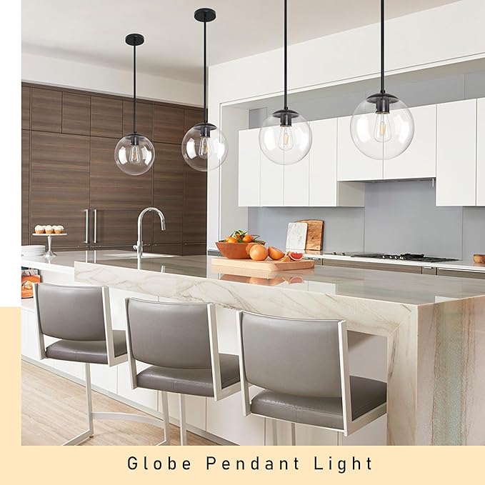 10 Inch Globe Pendant Light Black Mid Century Pendant Light Contemporary Globe Pendant Lights Clear Glass Pendant Lights Adjustable Hanging Light Fixture Clear Glass with Black Finish for Dining Room