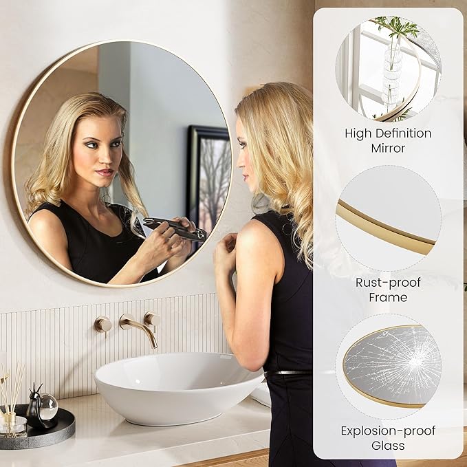 36" Gold Round Mirror for Wall, Large Circle Bathroom Mirror, Matte Gold Metal Frame, HD Eco-Friendly Glass, Contemporary Vanity Entryway Hallway Living Room Home Decor, Easy to Hang