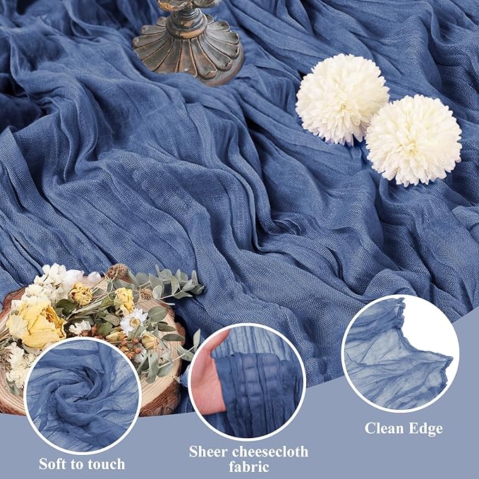 Asee'm 3pcs Cheesecloth Table Runner 120 Inches Long Blue Boho Gauze Cheese Cloth Runner 10FT Rustic Sheer Table Runners for Christmas Wedding Party Baby Shower Spring Easter Decoration