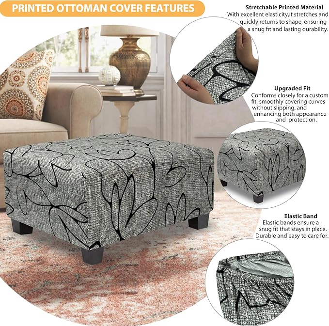 Ottoman Cover Rectangle Printed,Stretch Slipcover for Rectangular Footstool,Soft Fabric with Non-Slip Elastic Bottom,Furniture Protector for Living Room or Bedroom,X-Large,Lotus